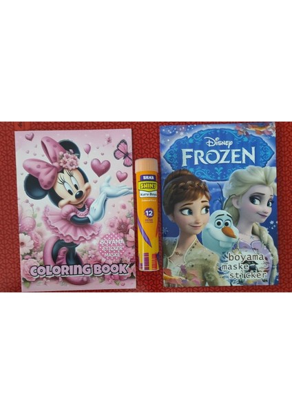2 Adet Stickerli Boyama Kitabı ve 12 Li Tüp Kuru Boya Kalemi (Minnie/frozen )