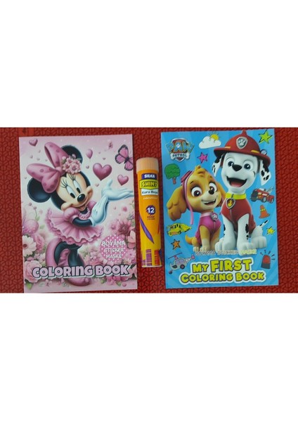2 Adet Stickerli Boyama Kitabı ve 12 Li Tüp Kuru Boya Kalemi (Minnie/paw Patrol-A )