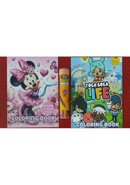 2 Adet Stickerli Boyama Kitabı ve 12 Li Tüp Kuru Boya Kalemi (Minnie/toca Boca-A )