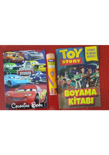 2 Adet Stickerli Boyama Kitabı ve 12 Li Tüp Kuru Boya Kalemi (Arabalar/toy Story )