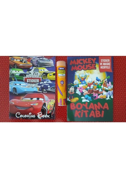 2 Adet Stickerli Boyama Kitabı ve 12 Li Tüp Kuru Boya Kalemi (Arabalar/mickey Mouse )