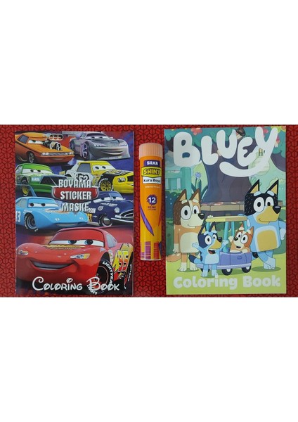 2 Adet Stickerli Boyama Kitabı ve 12 Li Tüp Kuru Boya Kalemi (Arabalar/bluey-A )