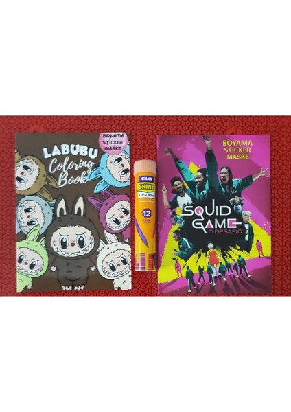 2 Adet Stickerli Boyama Kitabı ve 12 Li Tüp Kuru Boya Kalemi ( Labubu/squidgame )