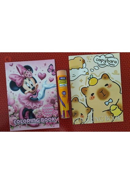 2 Adet Stickerli Boyama Kitabı ve 12 Li Tüp Kuru Boya Kalemi (Minnie/capybara )