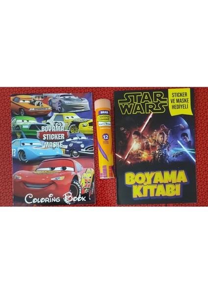 2 Adet Stickerli Boyama Kitabı ve 12 Li Tüp Kuru Boya Kalemi (Arabalar/star Wars )