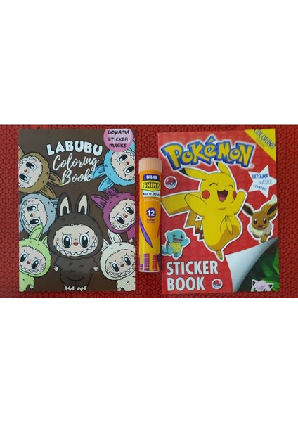 2 Adet Stickerli Boyama Kitabı ve 12 Li Tüp Kuru Boya Kalemi ( Labubu/pocemon-A )