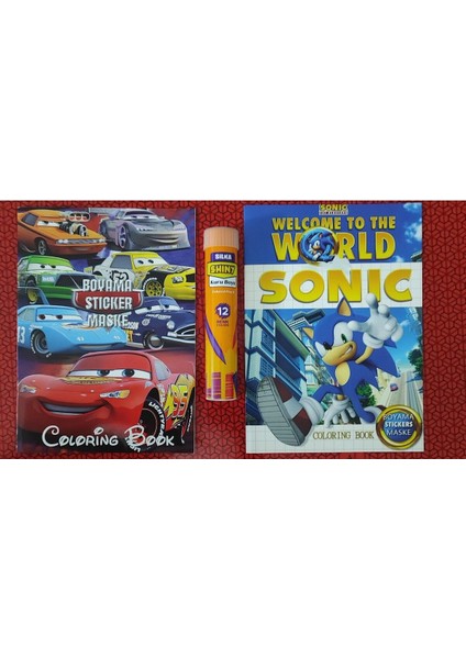 2 Adet Stickerli Boyama Kitabı ve 12 Li Tüp Kuru Boya Kalemi (Arabalar/sonic-A )
