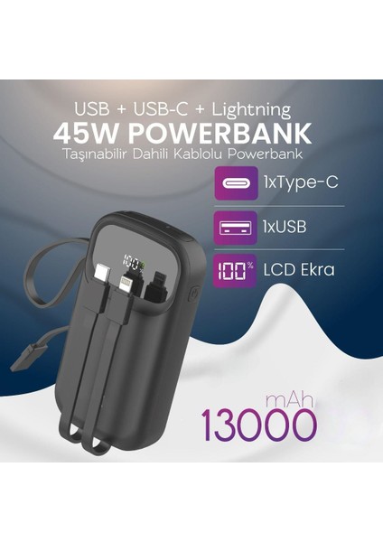 100 LCD Ekranli Powerbank | 13000 Mah | Dahili 2 Farkli Kablo | Hizli Sarj 45W Kablosuz