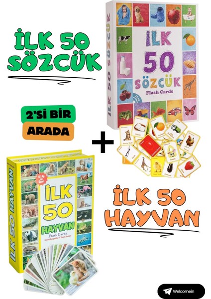 Oyuncak Minik Bebeğimin Ilk 50 Sözcük Kartları ve Ilk 50 Hayvanlar Kartları Flash Kart 2'li Set