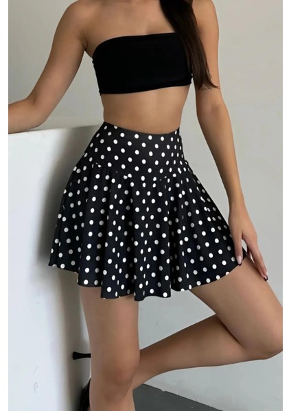 Kadın Siyah Puantiyeli Çizgi Yüksek Bel Şort Etek – Şık ve Rahat Etek Modeli