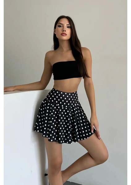 Kadın Siyah Puantiyeli Çizgi Yüksek Bel Şort Etek – Şık ve Rahat Etek Modeli modelleri