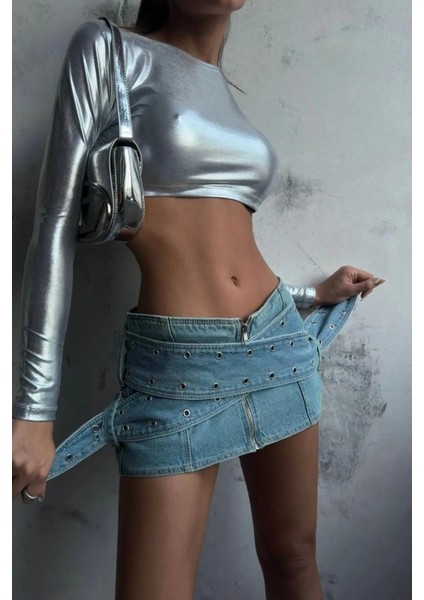 Kuşgözü Kemer Detaylı Denim Etek modelleri