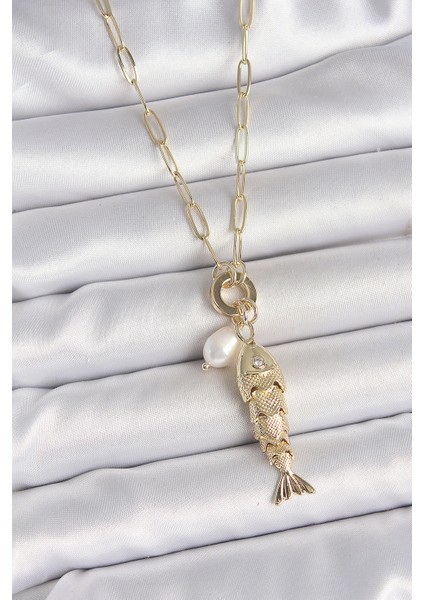 Inci Detaylı Zirkon Taşlı Balık Figürlü Gold Renk Pirinç Kolye fiyatları