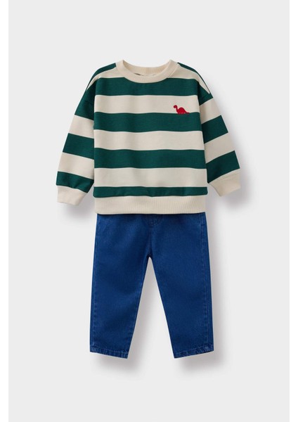 Erkek Bebek 2'li Takım Çizgili Sweatshirt Jean Pantolon F3304A525AU