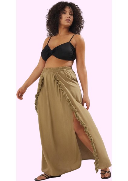 Kadın Maxi Etek Püsküllü Yırtmaçlı Şallı Dokuma Plaj Giyim Günlük Kullanım Kaliteli Malzeme