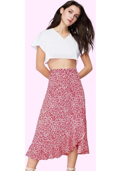 Kadın Çiçekli Desenli Midi Etek Yüksek Bel A Line Yırtmaçlı Yazlık Yaz Aylarının Vazgeçilmezi