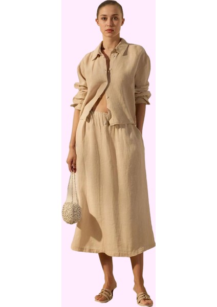 Kadın Midi Boy Keten Etek Düz Desen Günlük ve Şık Kombinler Hafta Sonu Yaz Aylarının Vazgeçilmezi