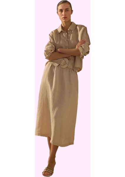 Kadın Midi Boy Keten Etek Düz Desen Günlük ve Şık Kombinler Hafta Sonu Yaz Aylarının Vazgeçilmezi fiyatları