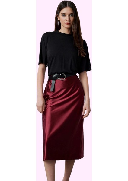 Kadın Midi Boy Saten Etek A Kesim Beli Lastikli Şık Günlük Hafta Sonu Yaz Aylarının Vazgeçilmezi