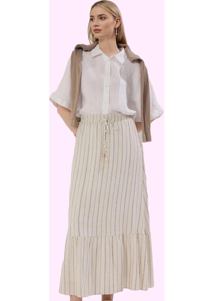 Kadın Maxi Etek Keten Görünümlü Çizgili A Line Günlük Şıklık Hafta Sonu Yaz Aylarının Vazgeçilmezi fiyatları