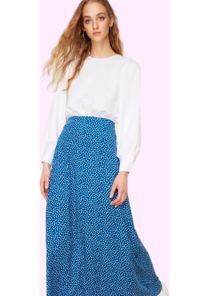 Kadın Maxi Boy Puantiyeli Desenli Dokuma Etek Yüksek Bel A Line Kesim Yazlık Günlük Kullanım