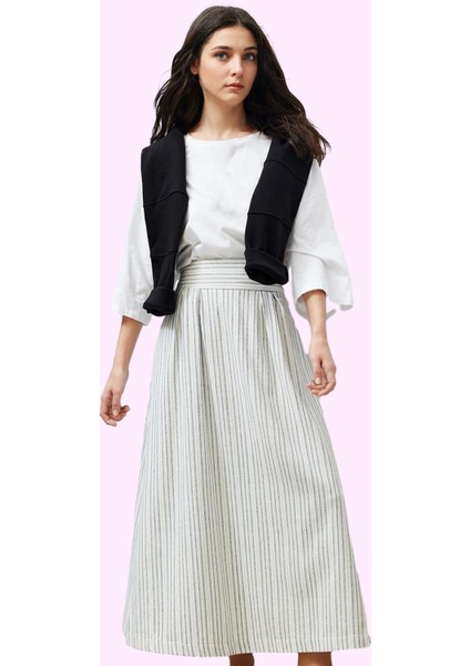 Kadın Maxi Kloş Çizgili Etek Keten Görünümlü Cep Detaylı Yazlık Yaz Aylarının Vazgeçilmezi