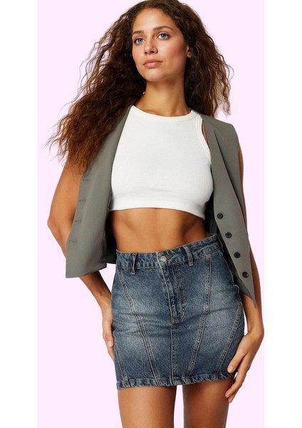 Kadın Denim Mini Etek Yüksek Bel Basic Kalıp Pamuklu Günlük Kombinler Yaz Aylarının Vazgeçilmezi