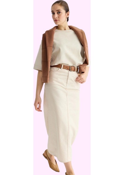 Kadın Kalem Siluet Midi Boy Gabardin Dokuma Etek Pamuklu Günlük Şıklık Yaz Aylarının Vazgeçilmezi