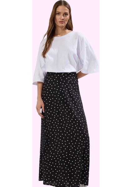 Kadın Maxi Boy Puantiyeli Desenli Dokuma Etek Yüksek Bel A Line Kesim Yazlık Günlük Kullanım