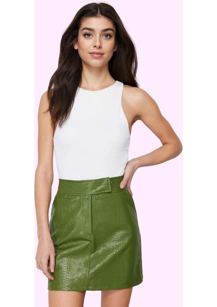 Kadın Mini A Line Suni Deri Etek Yüksek Bel Cepsiz Şık Tasarım Günlük Kullanım Özel Günler