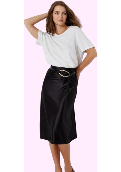 Kadın Midi Boy Saten Etek A Kesim Beli Lastikli Şık Günlük Hafta Sonu Yaz Aylarının Vazgeçilmezi fiyatları