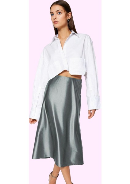 Kadın Midi Boy Saten Etek A Kesim Beli Lastikli Şık Günlük Hafta Sonu Yaz Aylarının Vazgeçilmezi