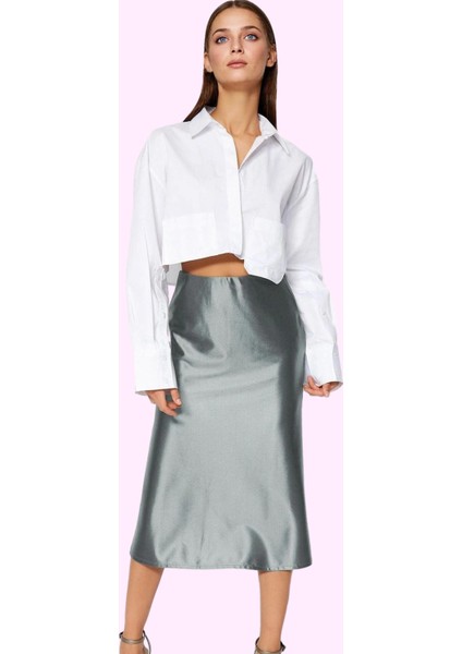 Kadın Midi Boy Saten Etek A Kesim Beli Lastikli Şık Günlük Hafta Sonu Yaz Aylarının Vazgeçilmezi fiyatları