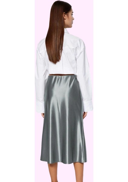 Kadın Midi Boy Saten Etek A Kesim Beli Lastikli Şık Günlük Hafta Sonu Yaz Aylarının Vazgeçilmezi modelleri