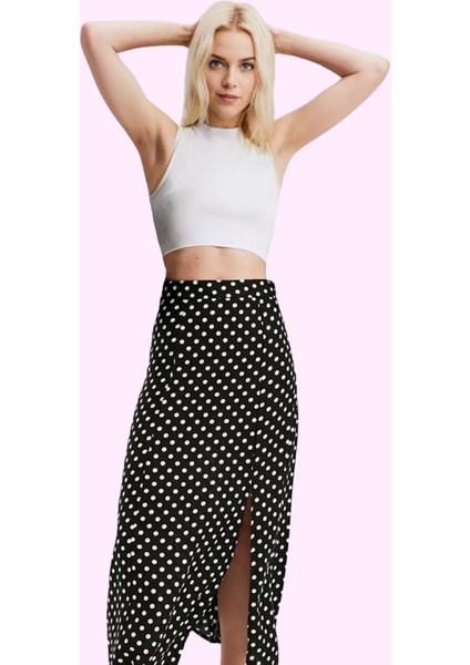 Kadın Midi Boy Puantiyeli Etek Yüksek Bel A Line Shally Dokuma Viskoz Yazlık Günlük Kullanım