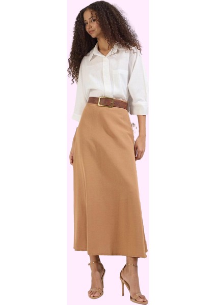 Kadın Kloş Maxi Etek Keten Görünümlü Dokuma Kumaş Günlük Şıklık Yaz Aylarının Vazgeçilmezi