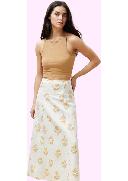 Kadın Çiçek Desenli A Line Midi Etek Keten Karışımlı Rahat Günlük Yaz Stilin Buluştuğu Yer