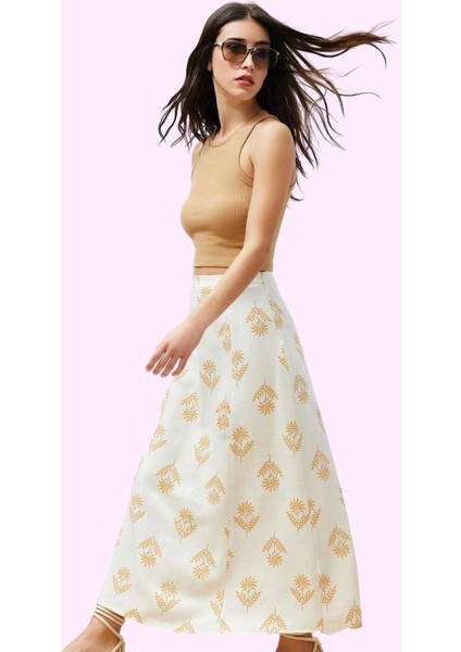 Kadın Çiçek Desenli A Line Midi Etek Keten Karışımlı Rahat Günlük Yaz Stilin Buluştuğu Yer fiyatları