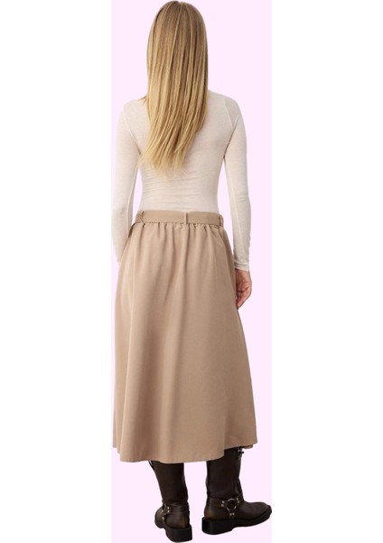 Kadın Kemerli Midi Kloş Etek Günlük Casual Stil Polyester Hafta Sonu Yaz Aylarının Vazgeçilmezi modelleri