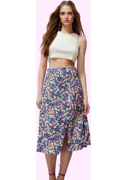 Kadın Çiçek Desenli Midi Etek Yüksek Bel A Line Kesim Viskoz Günlük Stil Dayanıklı Malzeme