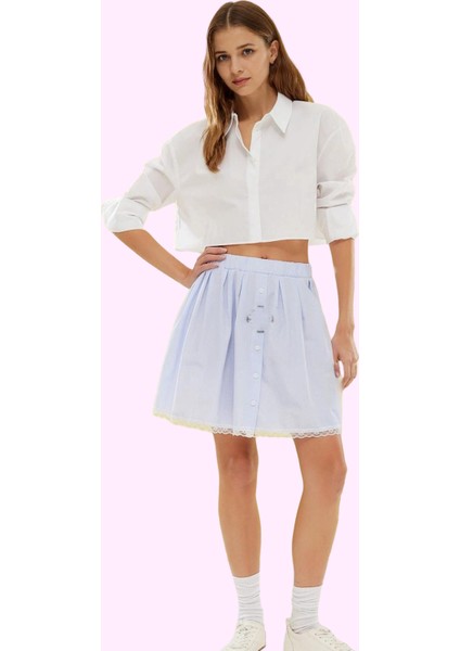 Kadın Çizgili Mini Dokuma Etek A Line Kalıp Dantel Detay Yaz Aylarının Vazgeçilmezi Günlük Kullanım