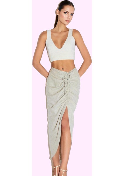 Kadın Asimetrik Midi Etek Keten Karışımlı Dokuma Yazlık Günlük Hafta Sonu Kaliteli Malzeme