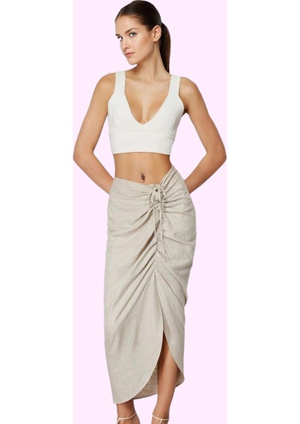 Kadın Asimetrik Midi Etek Keten Karışımlı Dokuma Yazlık Günlük Hafta Sonu Kaliteli Malzeme modelleri