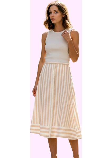 Kadın Çizgili A Line Midi Etek Şık Casual Yazlık Günlük Hafta Sonu Yaz Aylarının Vazgeçilmezi
