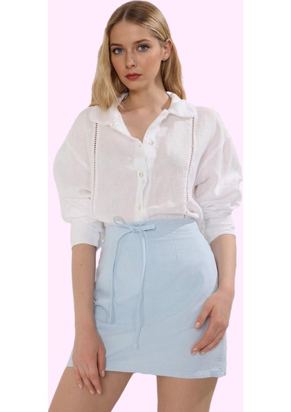 Kadın Denim Mini Etek Bağcıklı Bel Detayı Casual Günlük Stil Hafta Sonu Yaz Aylarının Vazgeçilmezi fiyatları