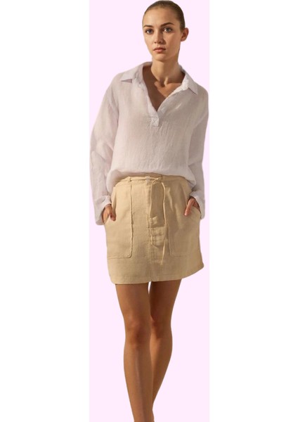 Kadın Mini Basic Keten Etek Cep Detaylı Rigid Dokuma Yazlık Günlük Kullanım Modern Tasarım