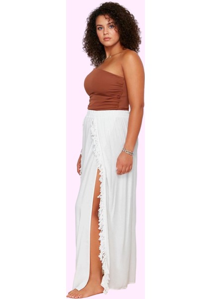 Kadın Maxi Etek Püsküllü Yırtmaçlı Şallı Dokuma Plaj Giyim Günlük Kullanım Kaliteli Malzeme