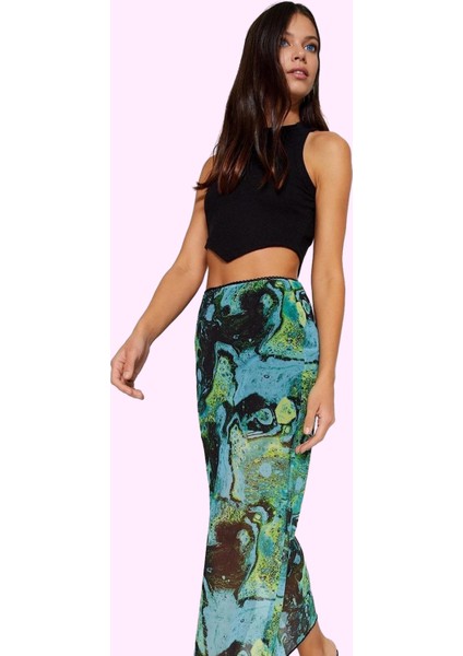 Kadın Maxi Etek Soyut Desenli Örme Tül Kalem Astarlı Iç Göstermeyen Yaz Stilin Buluştuğu Yer modelleri