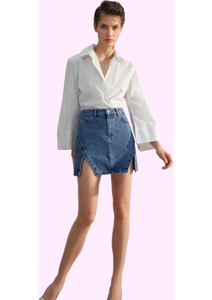 Kadın Denim Mini Etek A Line Kalıp Yırtmaçlı Pamuklu Günlük Stil Yaz Aylarının Vazgeçilmezi