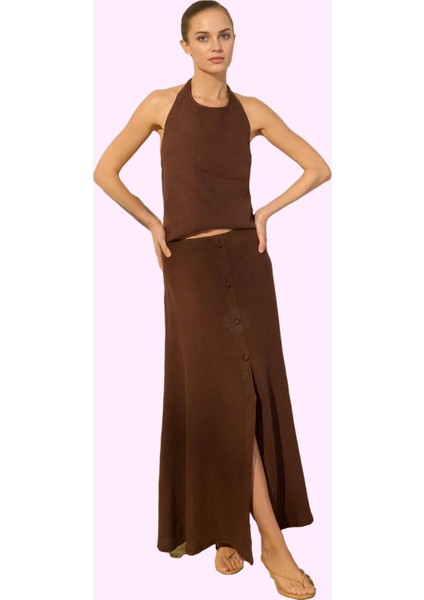 Kadın Düğme Detaylı Maxi Keten Etek Yazlık Rahat Günlük Kombin Hafta Sonu Kaliteli Malzeme fiyatları